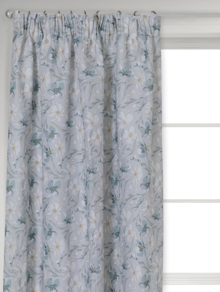 Tape Lined Print Natural Floral Curtain - Blue