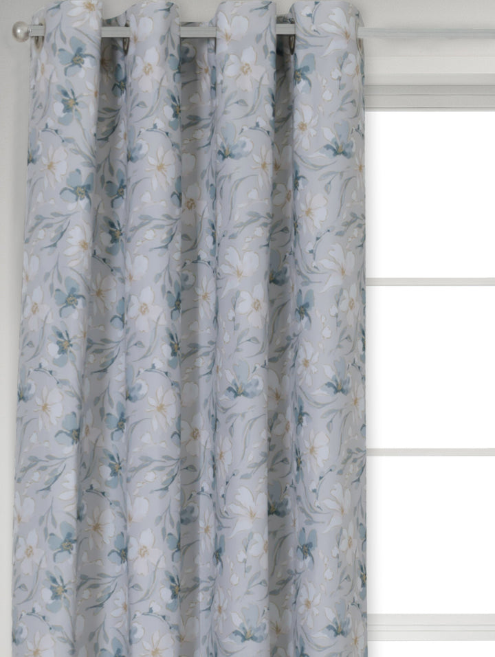 Eyelet Lined Print Natural Floral Curtain - Blue