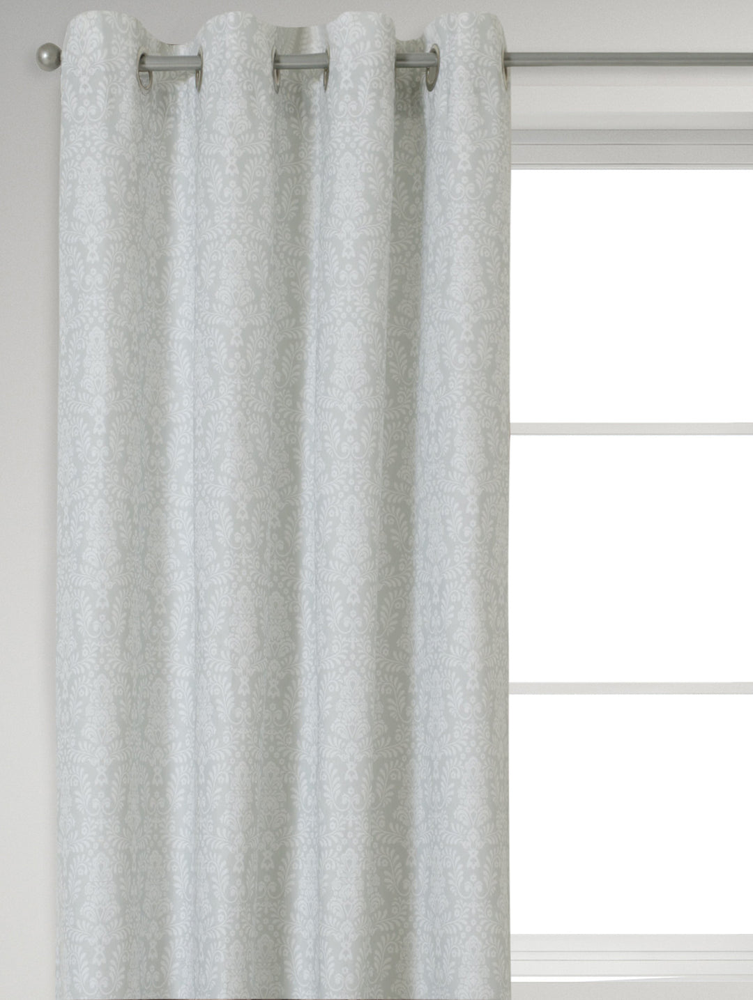 Eyelet Lined Fern Damask Print Curtain - Grey