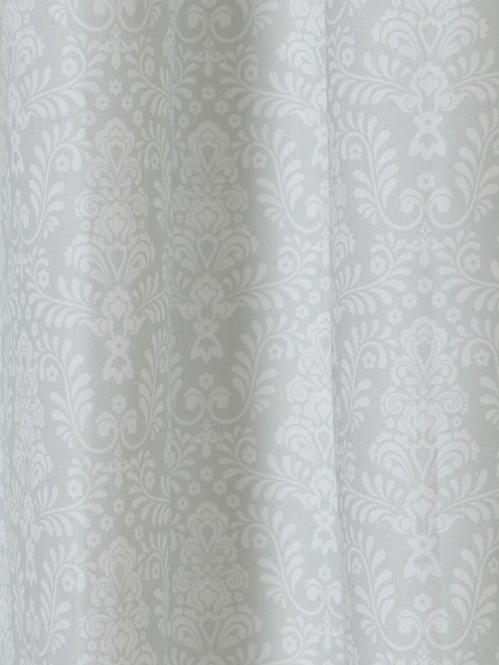 Eyelet Lined Fern Damask Print Curtain - Grey