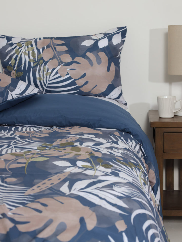 Printed Blue Tropical Leaves Embroidered Duvet