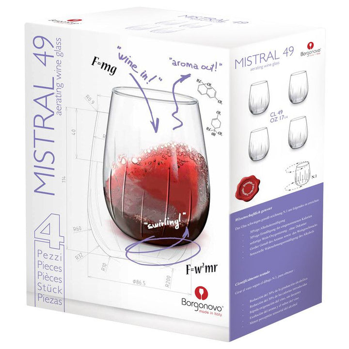 Borgonovo Mistral Wine Aerating Stemless Glass - 4 x 490ml